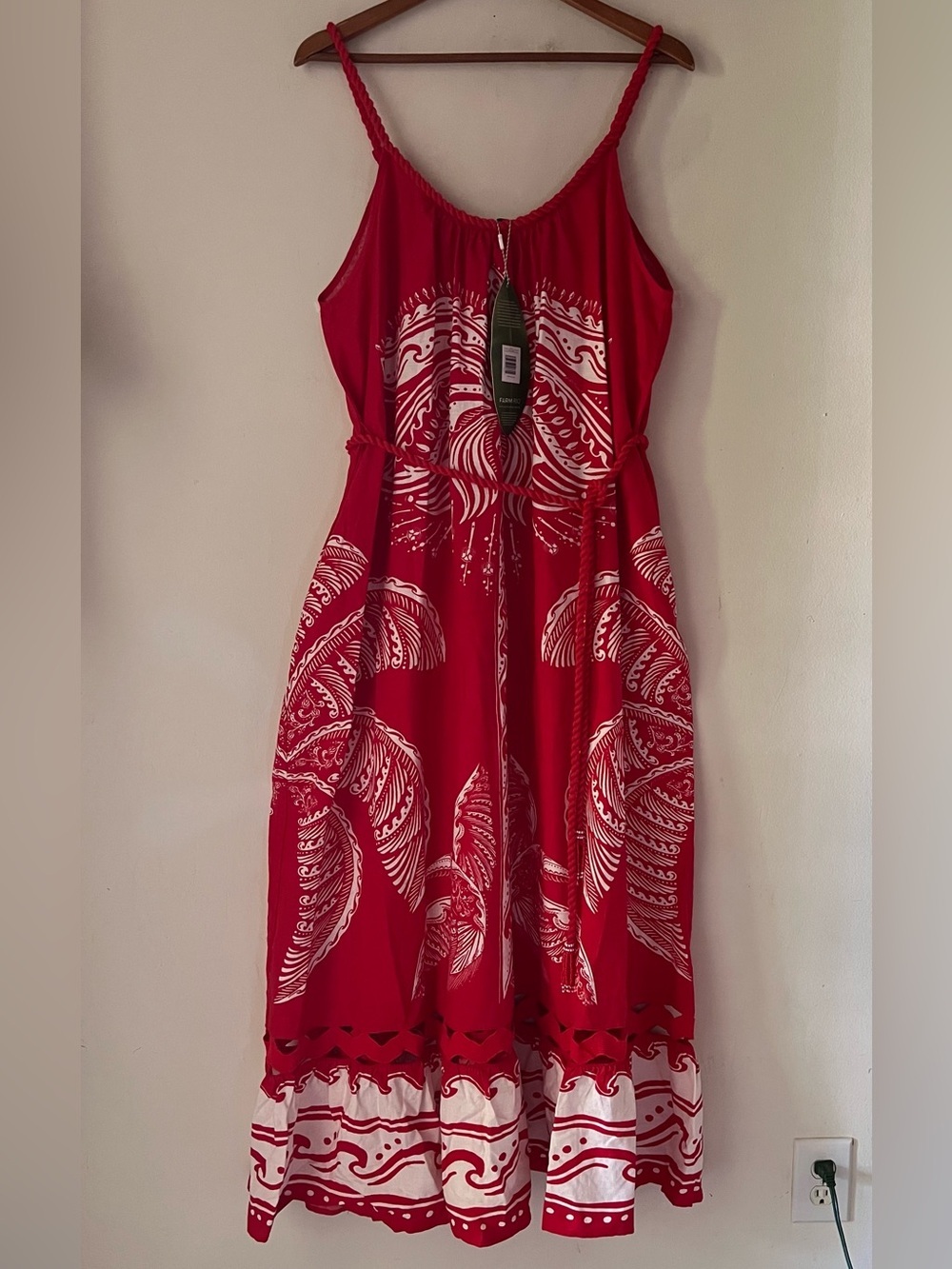NWT Farm Rio Red Linen Blend Majestic Coconut Tree Maxi Dress Tropical Sz L - Picture 3 of 16